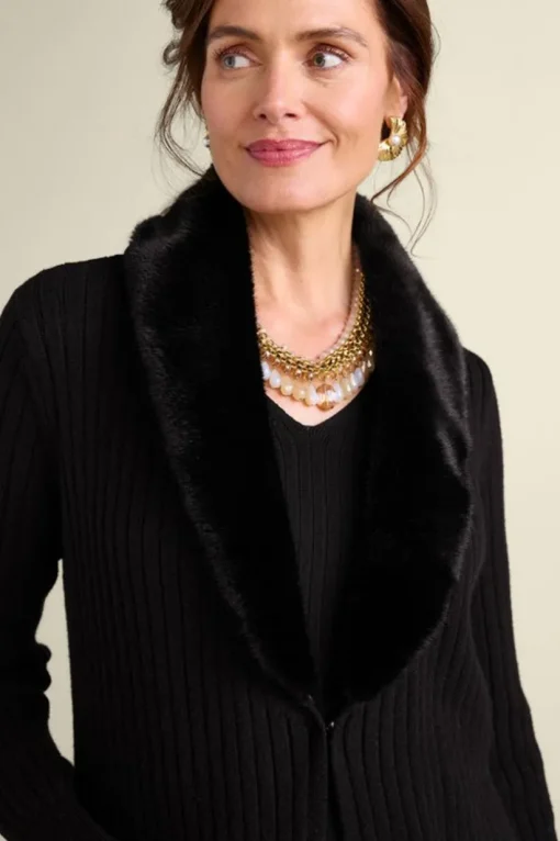 Amalie Faux Fur Collar Ribbed Cardigan